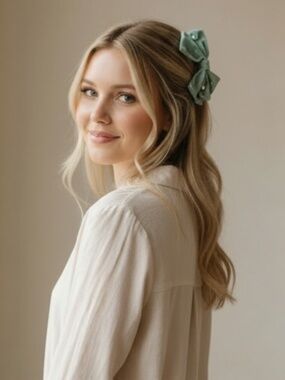 New Natasha Couture Aqua Velvet Bow Barrette with Pearls